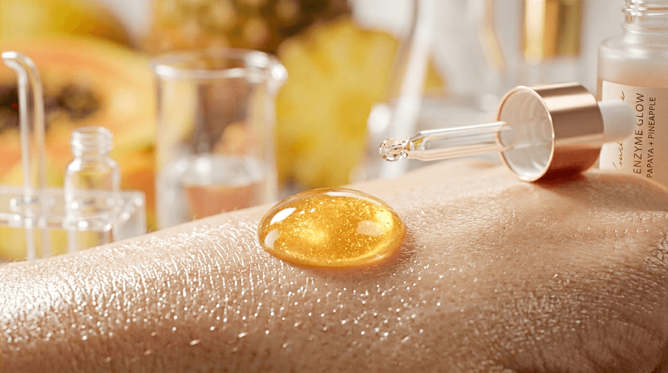 Светящаяся капля энзимной сыворотки золотисто-оранжевого цвета, символизирующая папаин и бромелайн