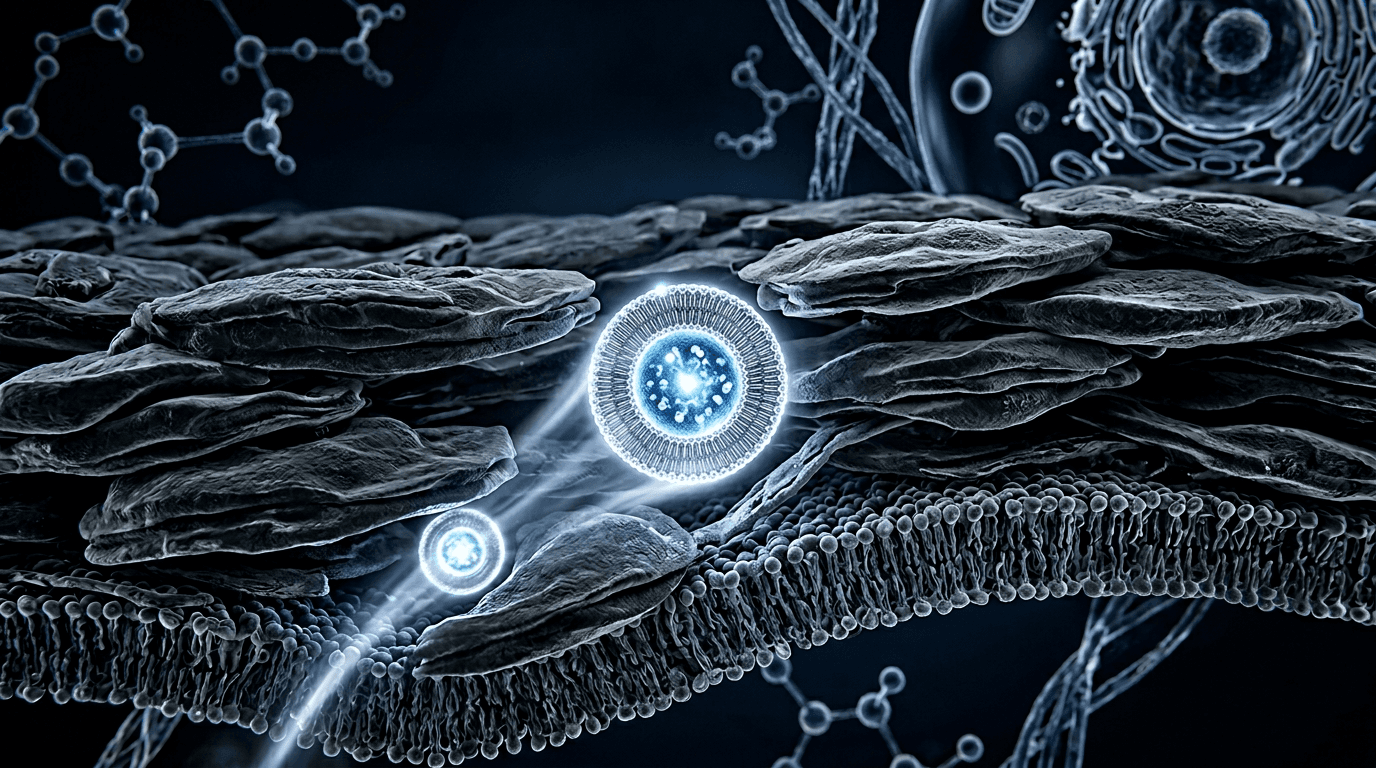 Светящаяся нанолипосома, проникающая сквозь слои кожи на микроскопическом уровне